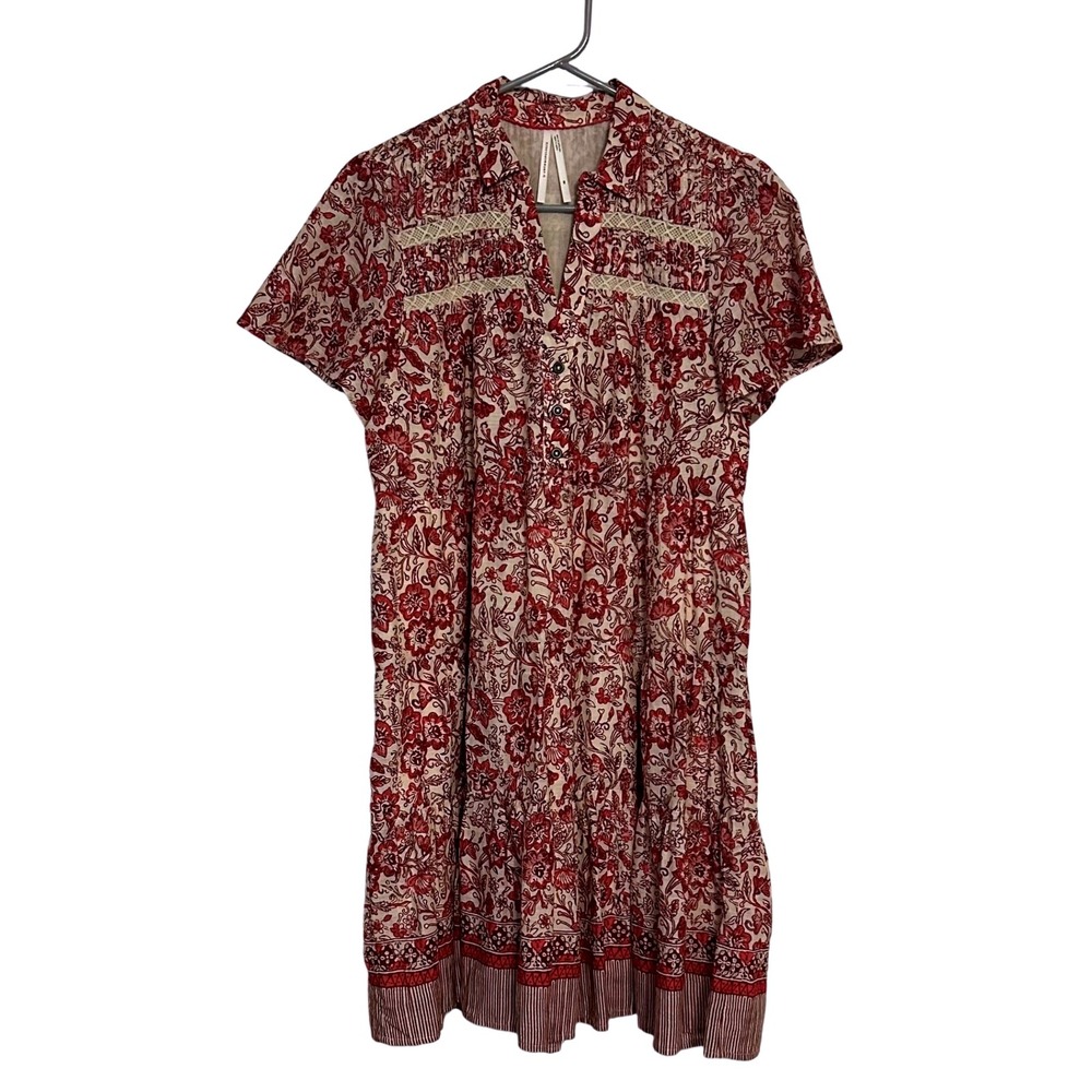 Anthropologie Red and‎ Ivory Floral Baby Doll Dress Size XS Fit and Flare Style
